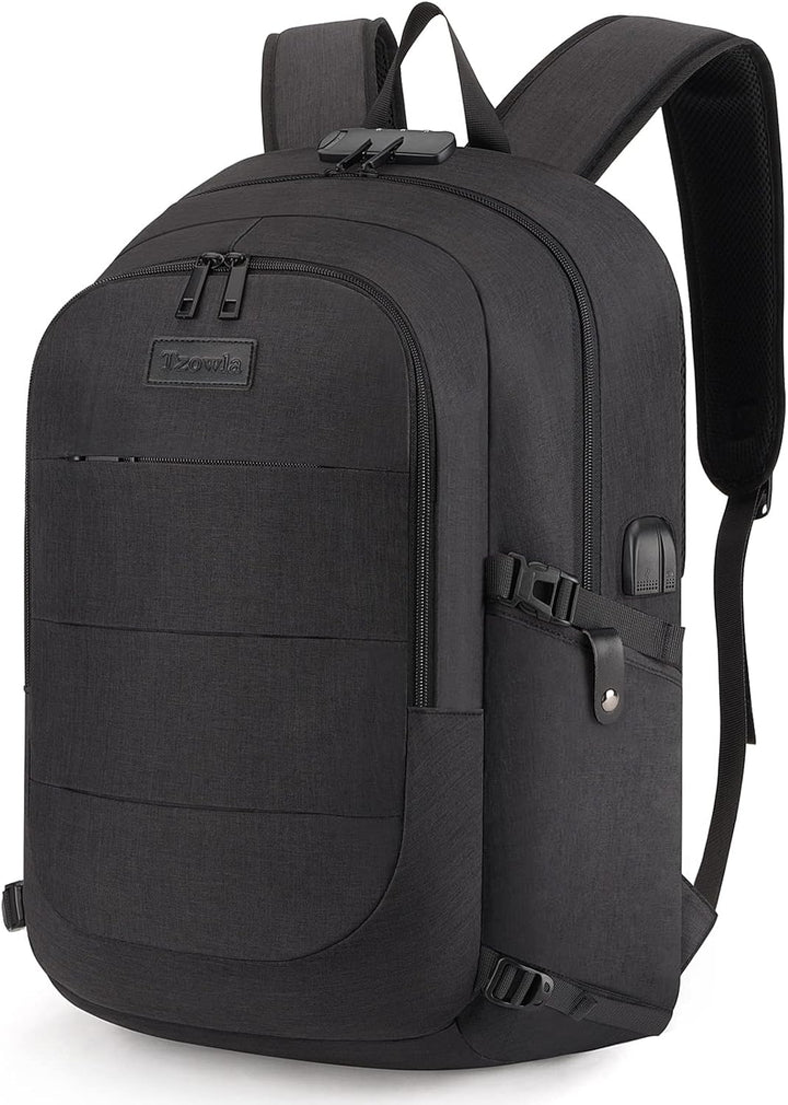 Zwarte extra grote anti-diefstal laptoprugzak (30-50L) met USB-poort voor studenten.