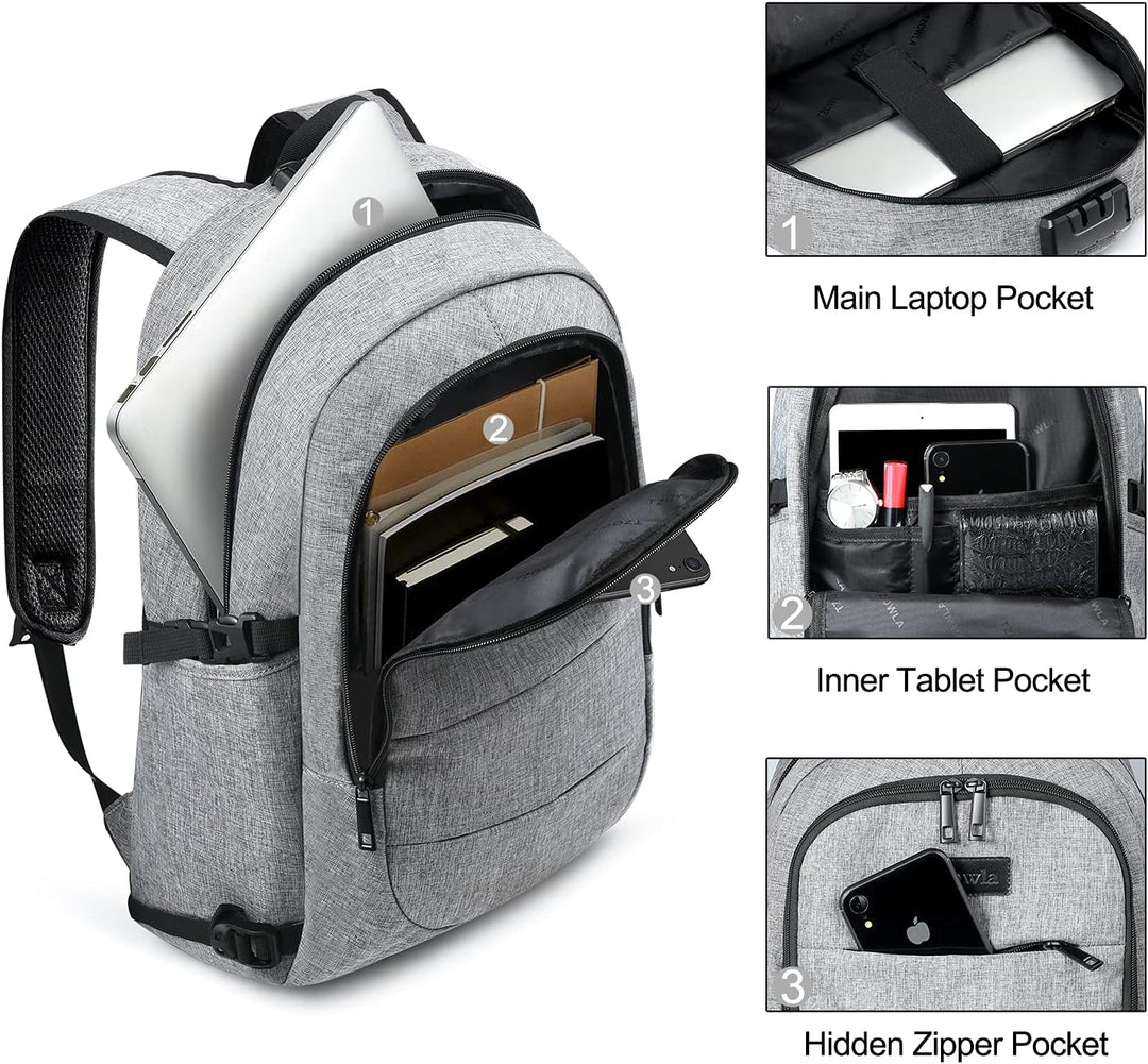 Zwarte rugzak voor dagelijks gebruik, met USB-poort en diefstalbeveiliging, 30-50L.