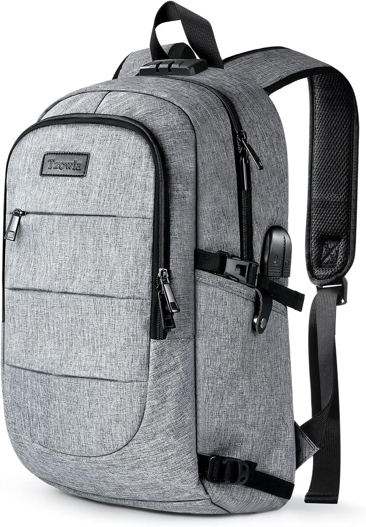 Blauwe studentenrugzak, extra groot, met USB-poort voor opladen onderweg, 30-50L.
