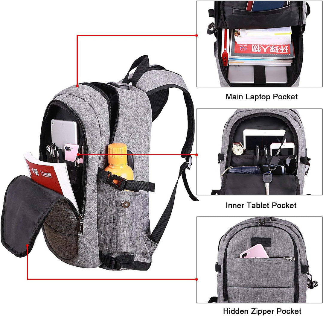 Extra grote zwarte laptoprugzak, perfect voor studenten en zakelijk gebruik, met USB-poort.