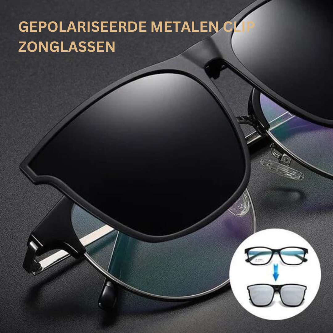 Zwarte gepolariseerde clip-on zonnebril voor dames/heren met UV400 bescherming, ideaal tegen schittering.