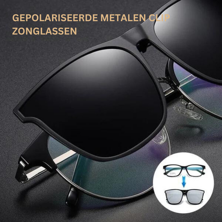 Zwarte gepolariseerde clip-on zonnebril voor dames/heren met UV400 bescherming, ideaal tegen schittering.