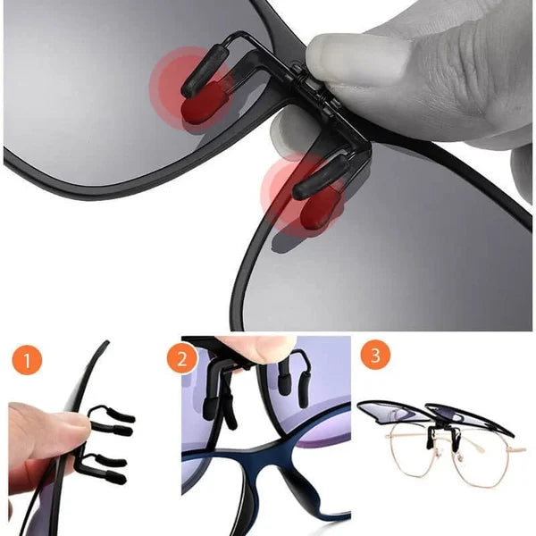 Optimaal beschermende gepolariseerde clip-on zonnebril; anti-glans en UV400 voor brillendragers, unisex design.