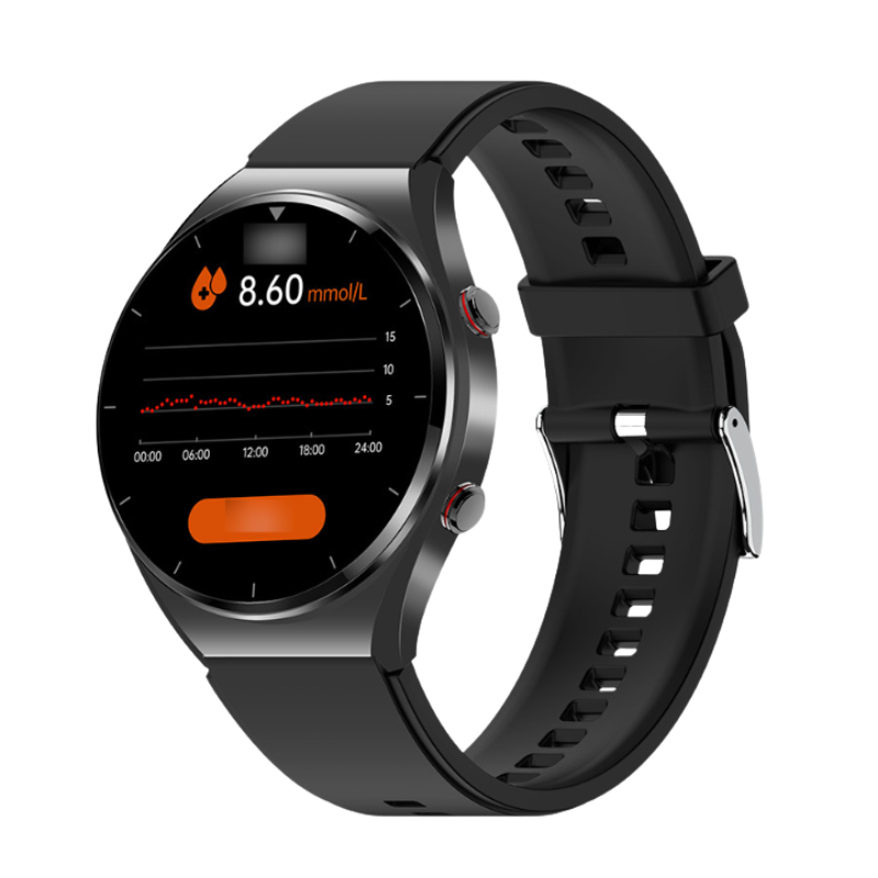 Zwarte gezondheid smartwatch met bloedglucose, bloeddruk & EKG monitoring. Ideaal voor welzijn & fitness tracking.