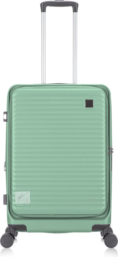 Robuuste hardshell reiskoffer met laptopvak, bestand tegen impact, voor frequente reizen.