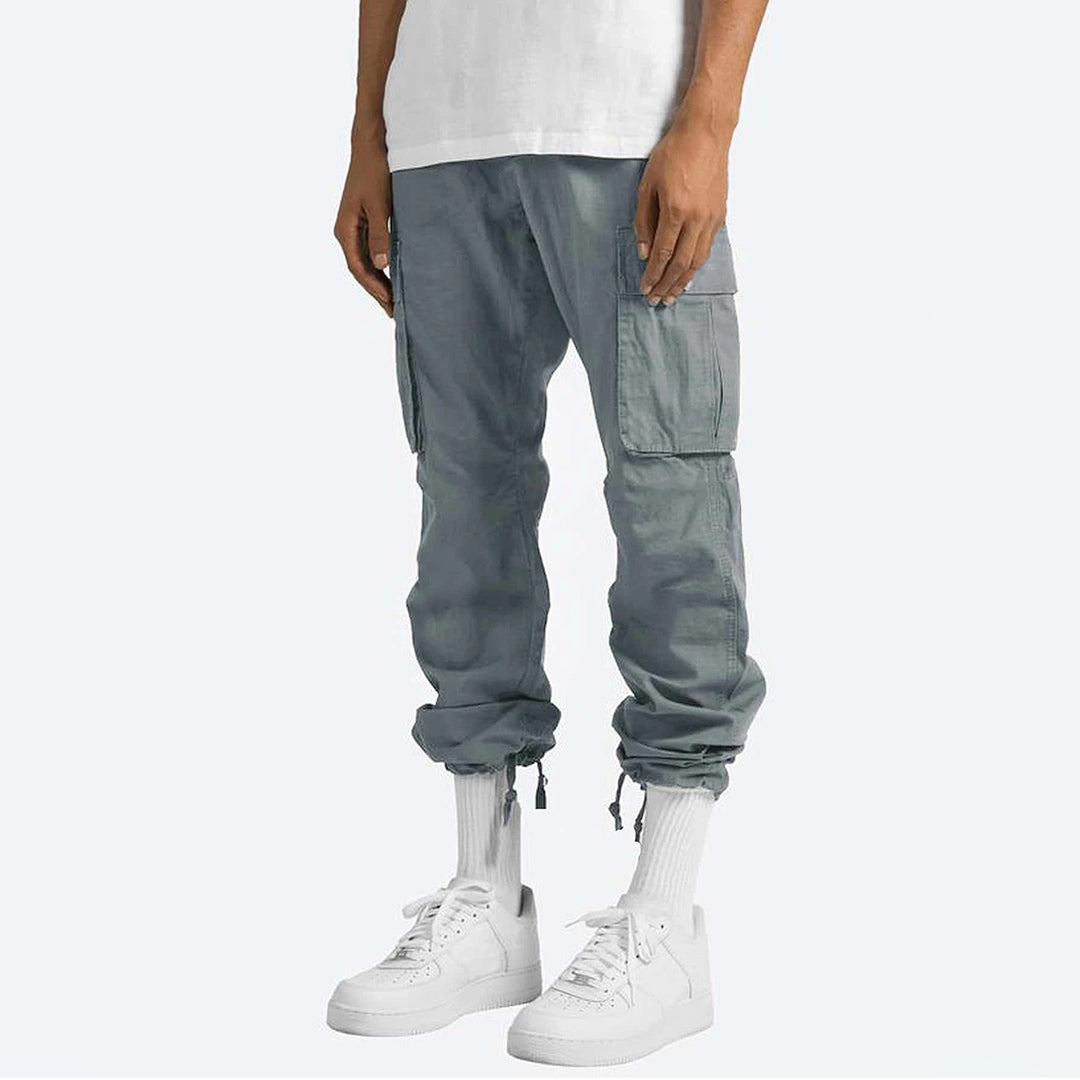 Grijze heren cargobroek met elastische tailleband, voor ultiem comfort en urban flair.