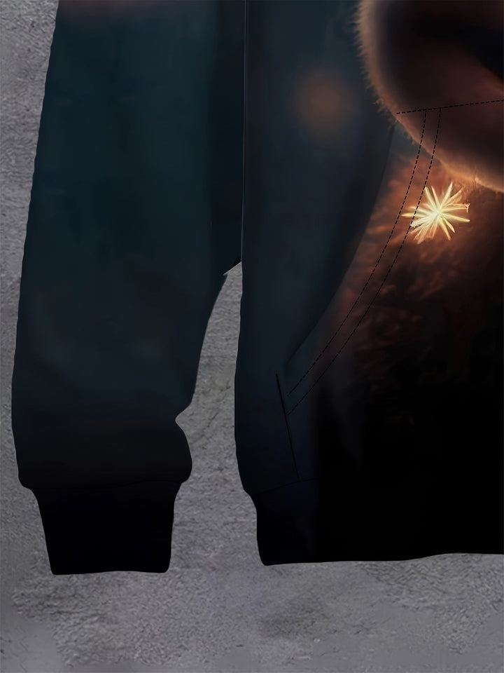 Casual heren hoodie, zwart, met lichtjes en rendierprint. Comfortabele wintermode, geschikte kerstkleding.