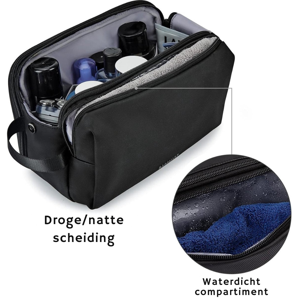 Compacte, waterafstotende toilettas voor heren, ideaal voor reizen, aan een haakje in de badkamer.