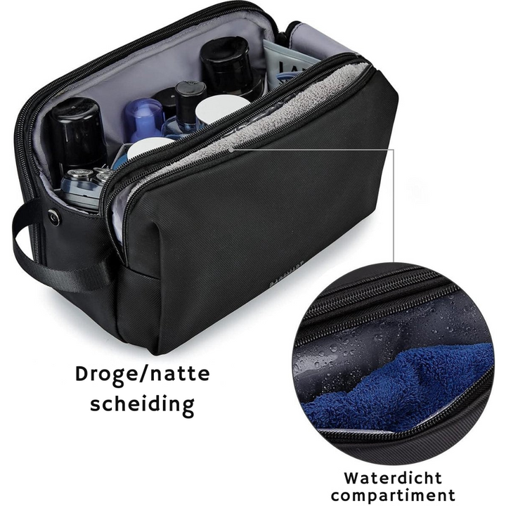 Compacte, waterafstotende toilettas voor heren, ideaal voor reizen, aan een haakje in de badkamer.