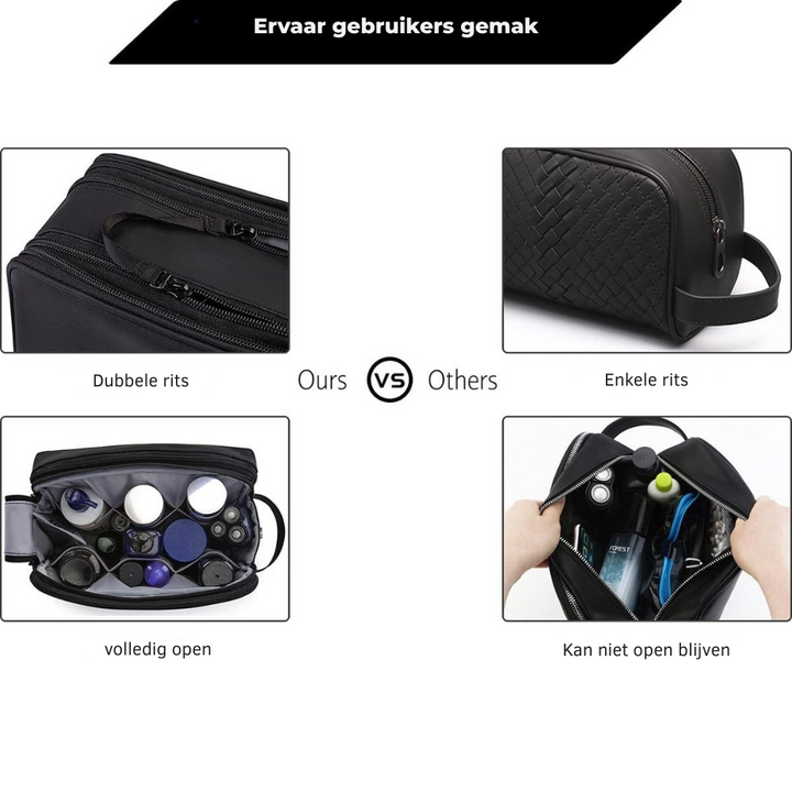 Volledig zicht op de multifunctionele zwarte heren toilettas met dubbele rits, een perfecte reis organizer.