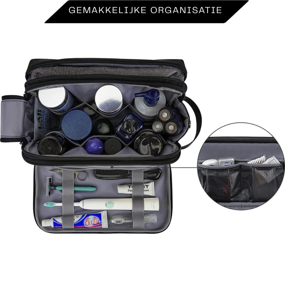 Duurzame zwarte heren grooming bag met waterafstotend design en stevige dubbele rits voor al je essentials.