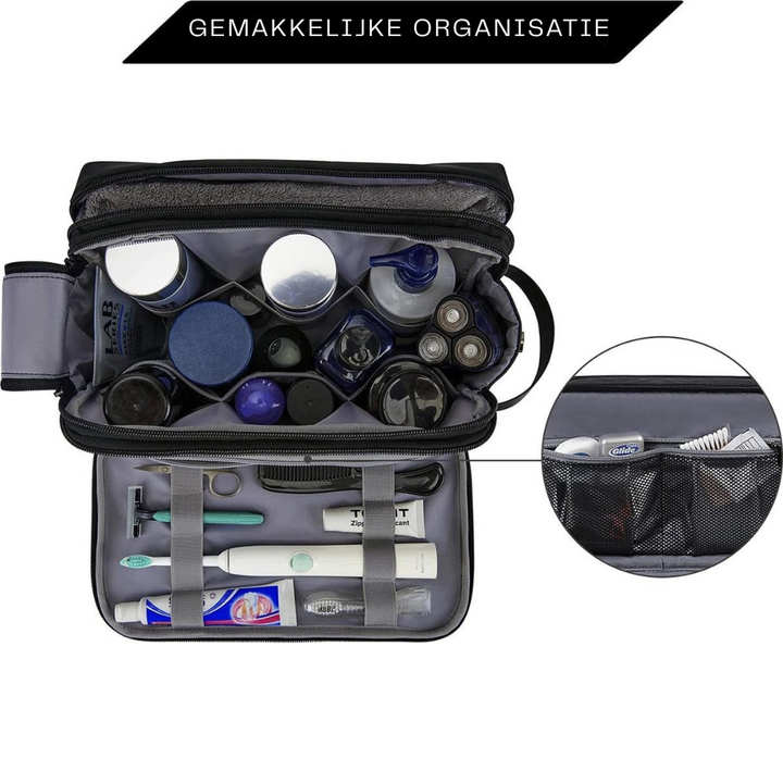 Duurzame zwarte heren grooming bag met waterafstotend design en stevige dubbele rits voor al je essentials.
