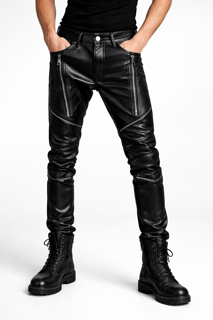Zwarte heren slimfit lederlook broek, trendy en veelzijdig voor een stijlvolle casual of chique look.