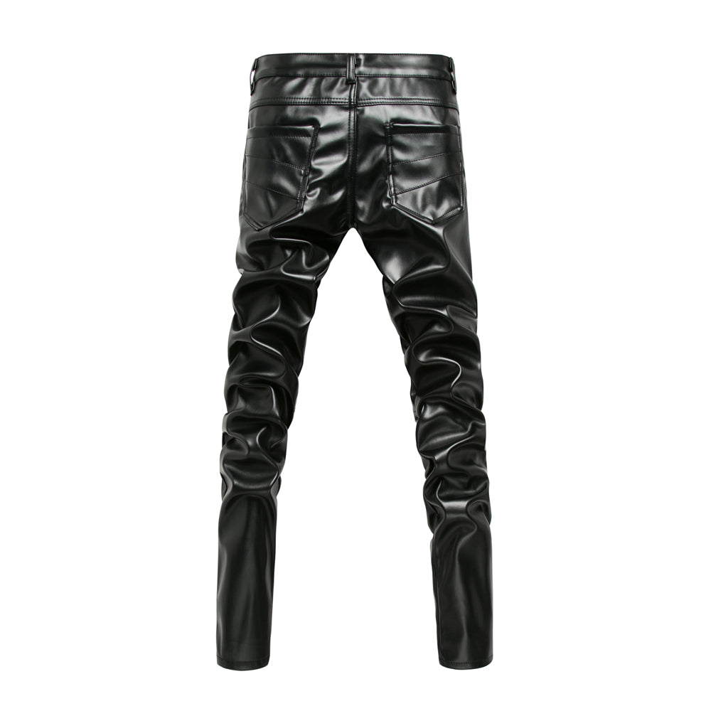 Trendy slanke lederlook herenbroek in zwart, perfect voor modebewuste mannen; combineer casual of chic.