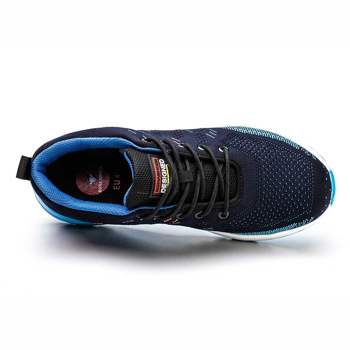 Zwarte veiligheidsschoenen S3 voor mannen, sportieve stijl, met stalen neus en anti-slip zool.