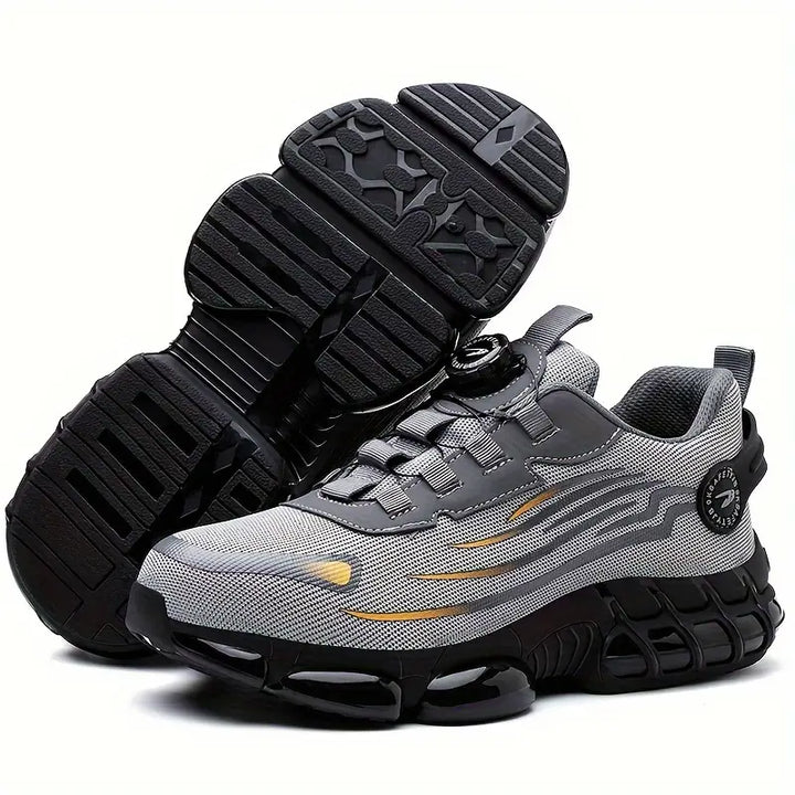 "Zwarte herenschoenen met stalen neus, antislipzool, ideaal voor outdoor; duurzaam en waterbestendig, stevige grip."