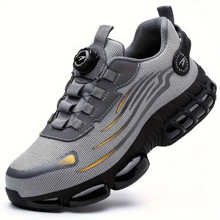 "Zwarte herenschoenen met stalen neus, antislipzool, ideaal voor outdoor; duurzaam en waterbestendig, stevige grip."