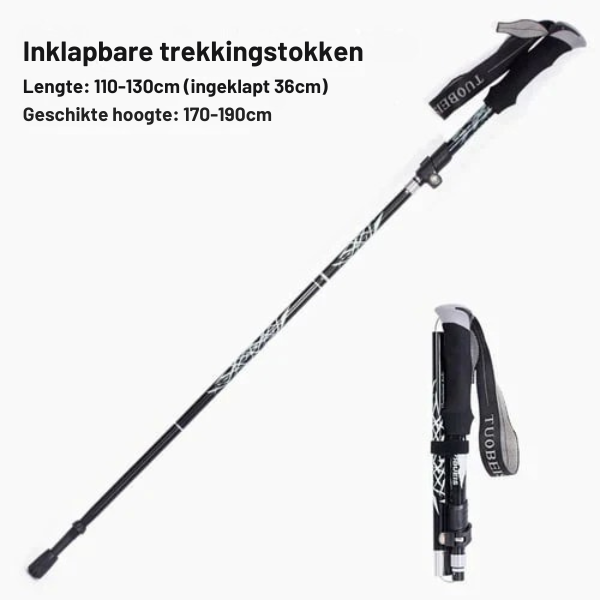 Zwarte inklapbare wandelstok met ergonomische handgreep en stevig aluminium ontwerp voor stabiele ondersteuning.