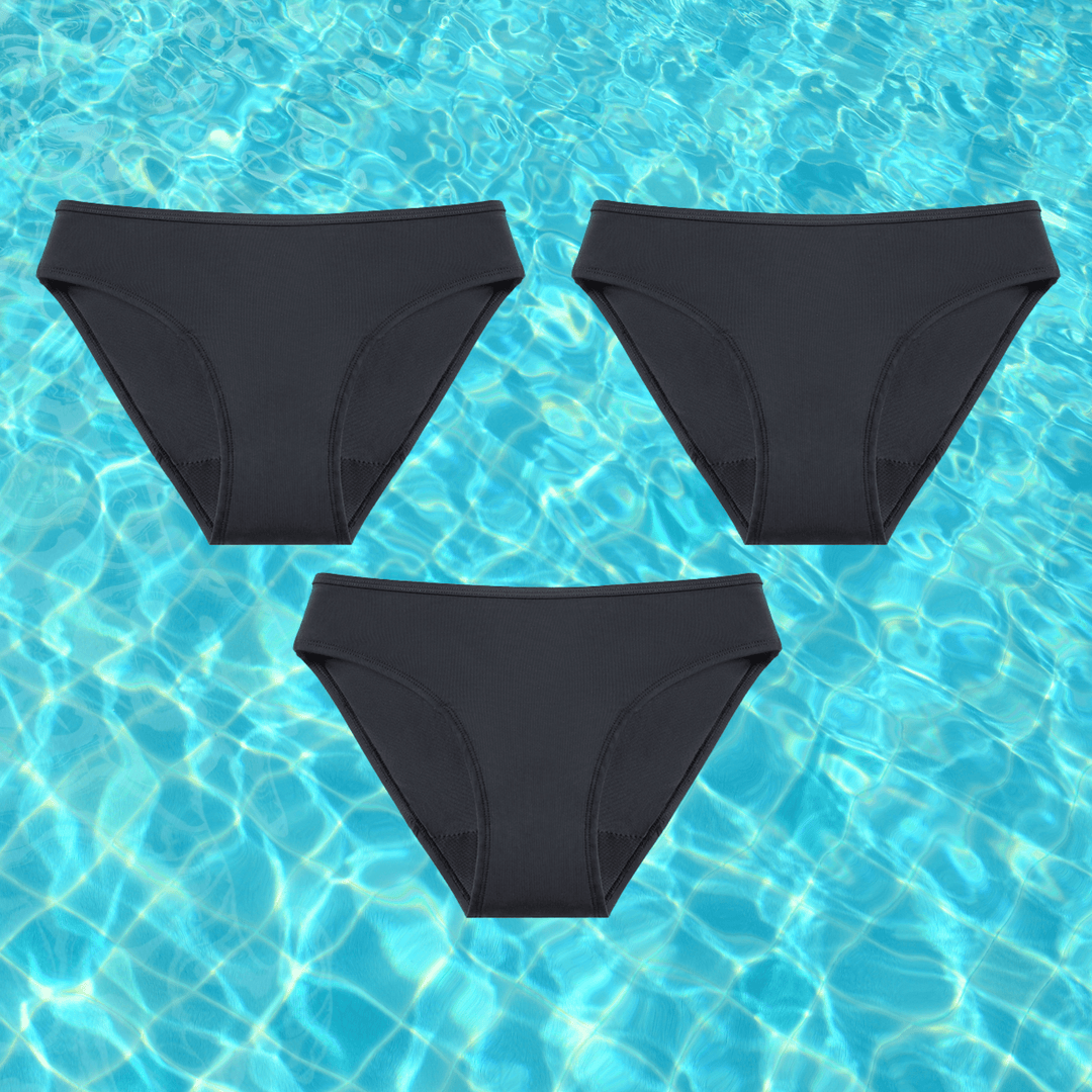 "Zwarte menstruatie bikinibroekje met lekbescherming, ideaal voor discreet en comfortabel zwemmen tijdens ongesteldheid."