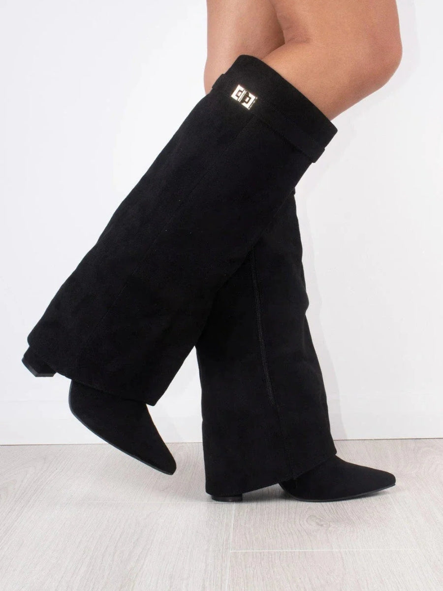 Zwarte moderne hoge dameslaarzen, elegant en comfortabel, perfect voor een stijlvolle outfit.