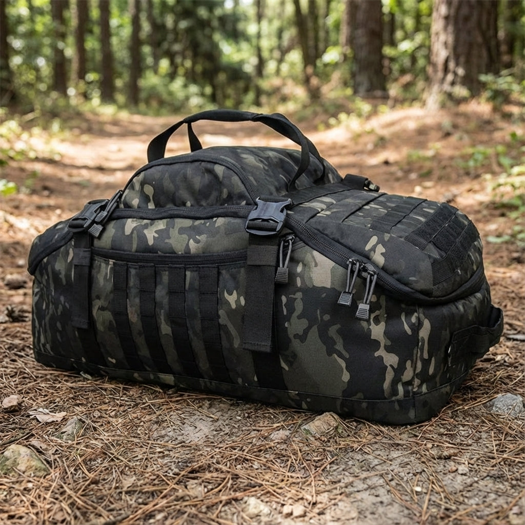 Zwarte Nomadridge unisex reistas met Molle bevestiging, perfect voor flexibel reizen en outdoor avontuur.