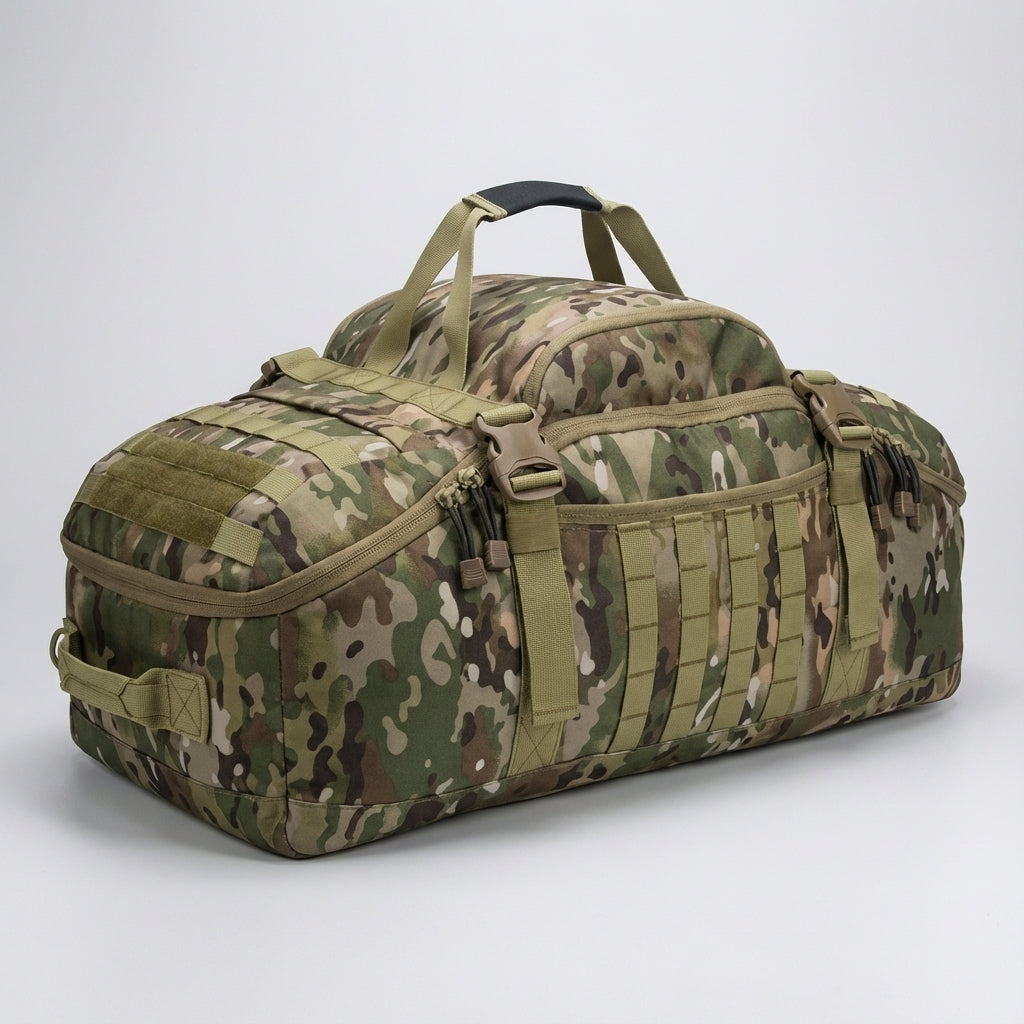 Outdoor rugzak/duffeltas met Molle systeem, geschikt voor wandeltochten en avontuurlijke reizen, zeer flexibel.