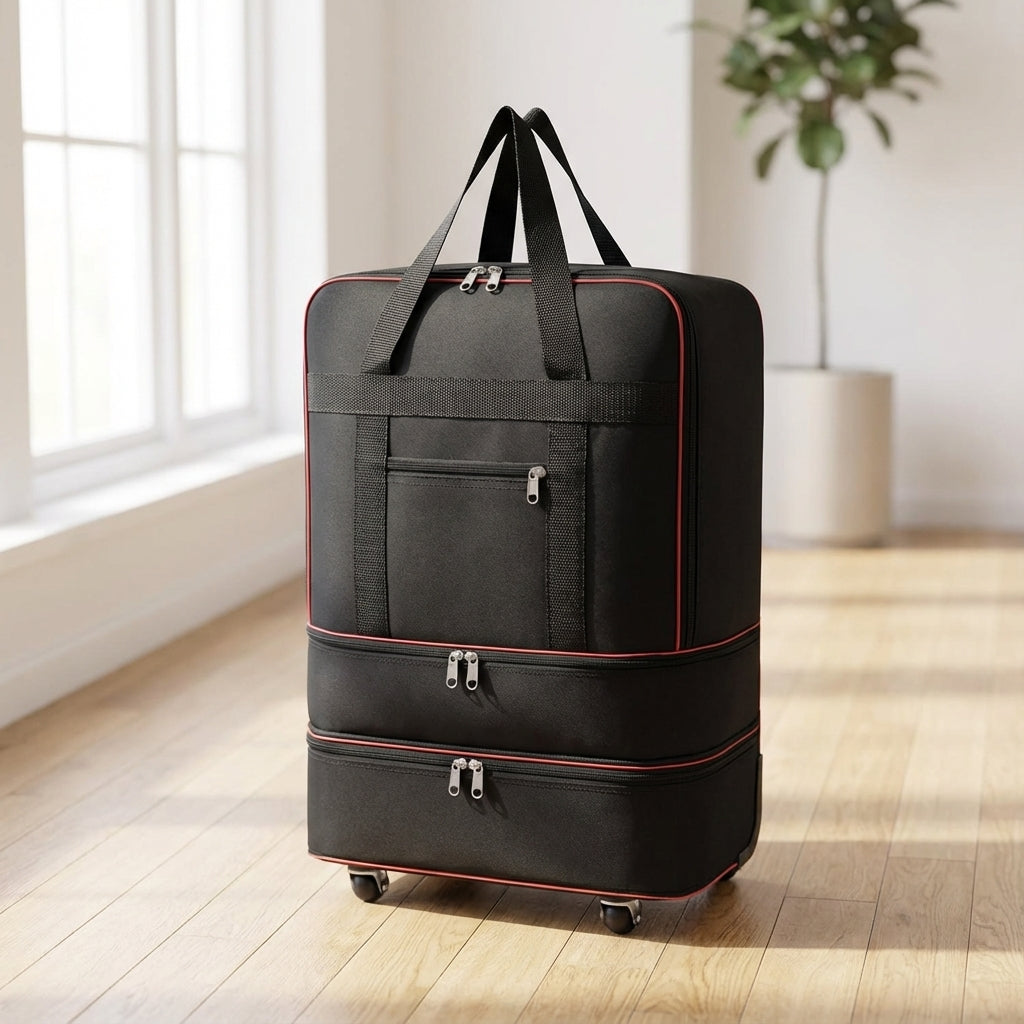 Zwarte opvouwbare reistas RollPacko met wielen, ideaal voor ruim en compact reizen.