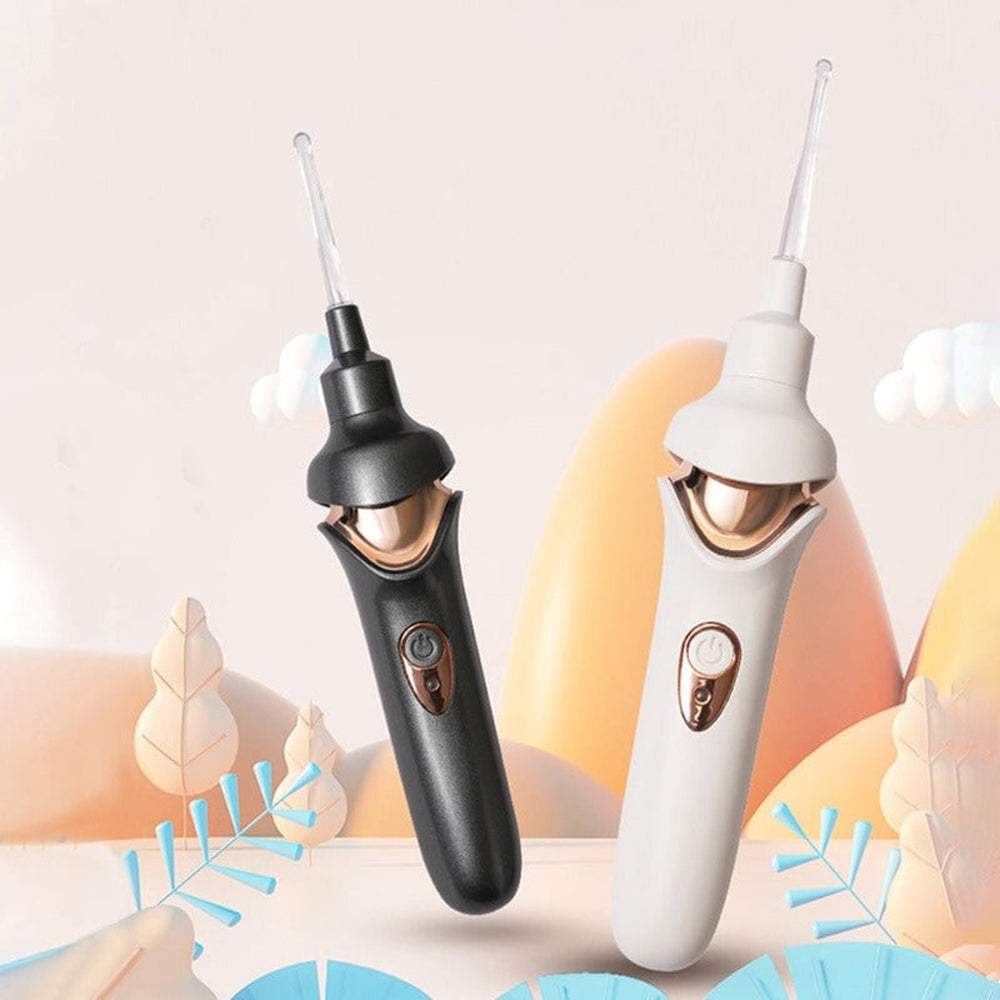 "Zwarte pijnloze oorreiniger met LED en siliconen tip voor veilige oorsmeer verwijdering, ergonomisch en USB-oplaadbaar."