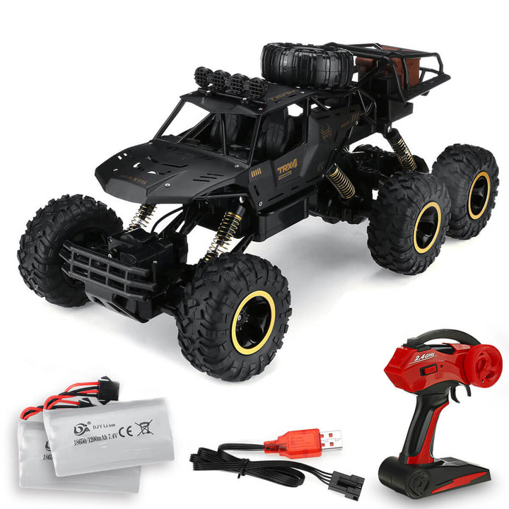 Gele RC monster truck 6x6, elektrische hoge snelheid off-road auto met 2.4GHz, geweldig voor buitenplezier.