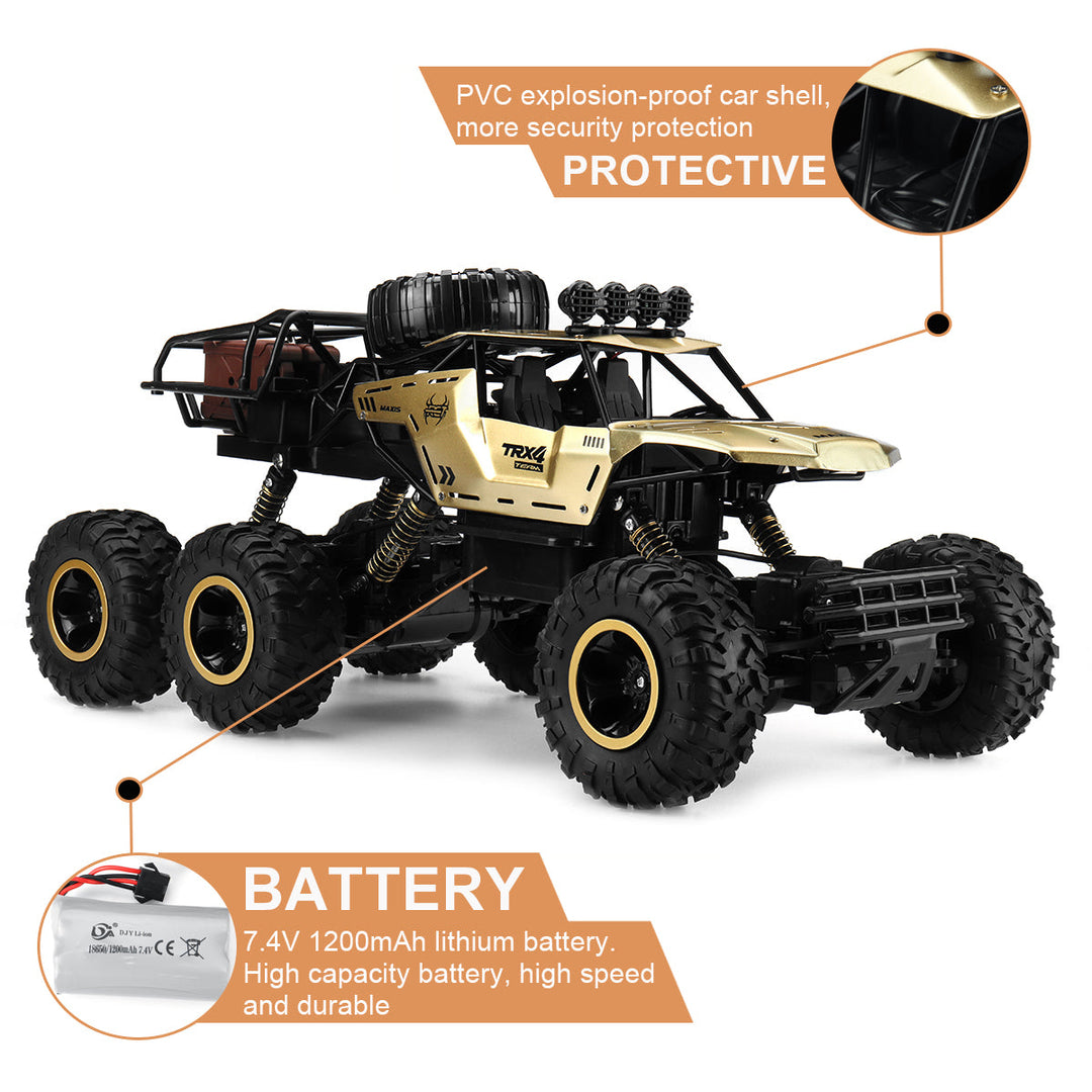 Close-up van de 6 wielen van de RC monster truck, toont off-road capaciteit en duurzaamheid.