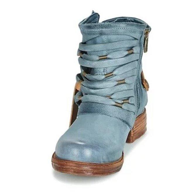 Blauwe dames enkellaarsjes, retro design, met stabiele blokhak en handige ritssluiting. Stijlvolle en comfortabele mode.