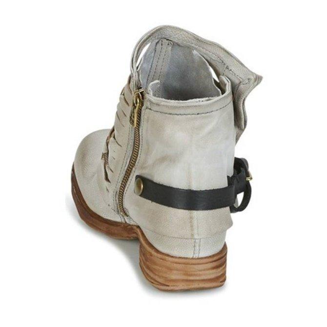 Dames retro enkellaarsjes in zwart, grijs en blauw, met blokhak en ritssluiting. Comfortabele en veelzijdige vintage mode.