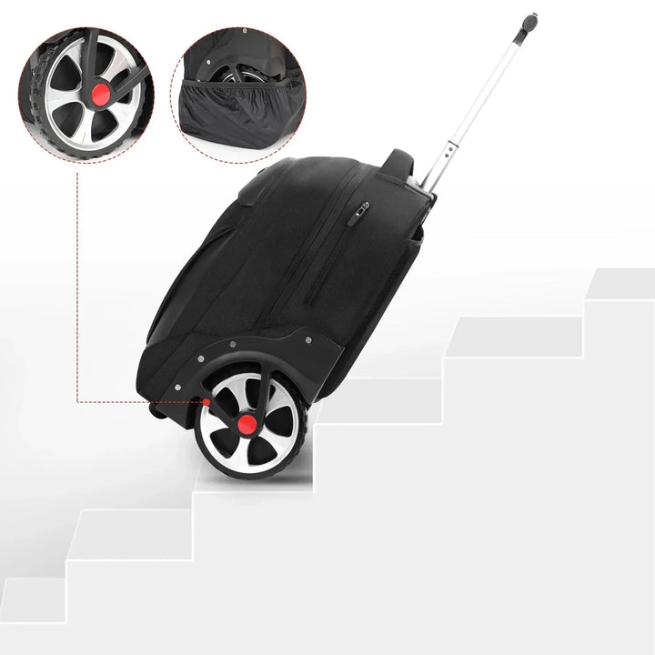 Zwarte rolbare laptoprugzak Helsinki, ideaal voor reizen en werk, combineert rugzak en trolley functionaliteit.