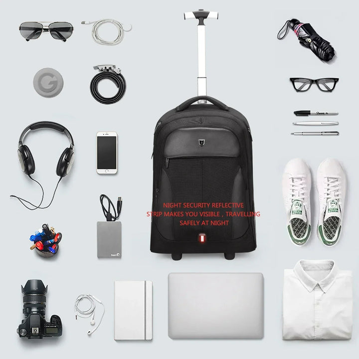 Interieur van rolbare laptoprugzak Helsinki toont ruime vakken voor laptop, tablet, kleding en accessoires.