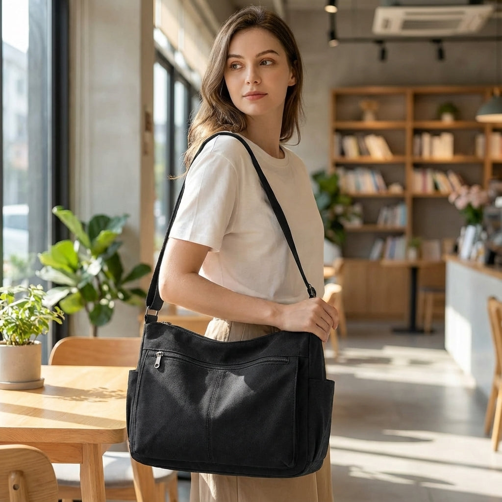 Zwarte Satchelix laptoptas (15.6 inch), unisex schoudertas met organizer, comfortabel voor dagelijks gebruik.