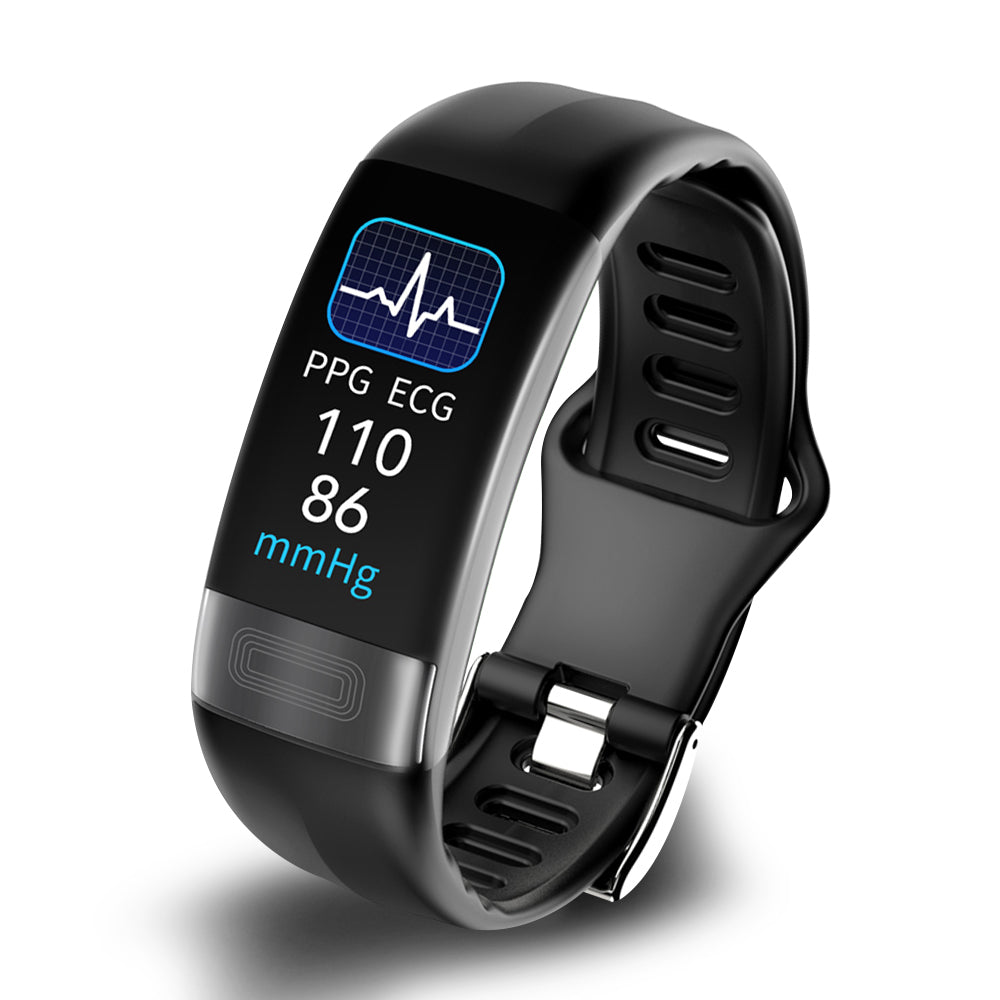 Zwarte slimme armband gezondheidstracker met digitaal scherm, meet hartslag, bloeddruk en slaap.