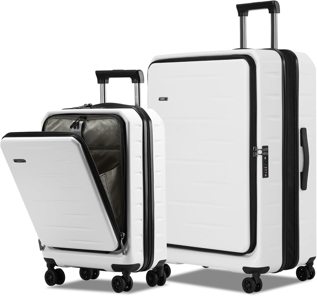 Zwarte uitbreidbare handbagage koffer met voorklep, ideaal voor korte reizen en zakenreizen.