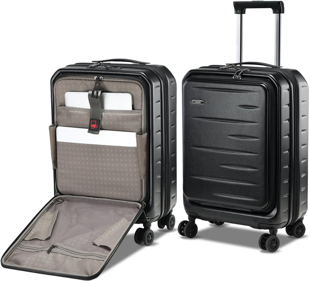 Zwarte uitbreidbare koffer, perfect voor vliegreizen met zijn voorklep en TSA-slot beveiliging.