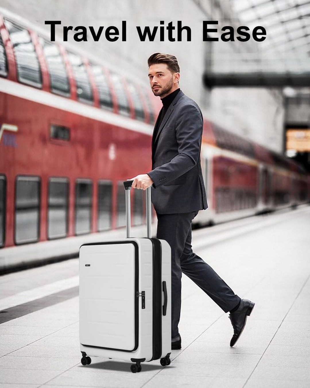 Uitbreidbare spinner koffer voor zakenreizigers, met voorklep en geïntegreerd TSA-slot.