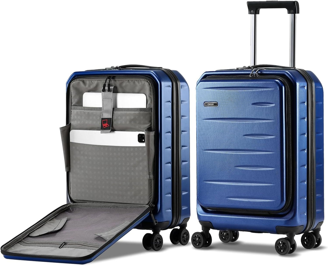 Ruime uitbreidbare handbagage koffer met voorklep, spinnerwielen en TSA-slot.