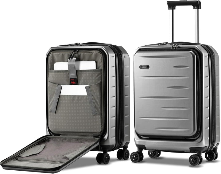 Slimme handbagage koffer met voorklep en extra volume door uitbreidbare functie voor reizigers.