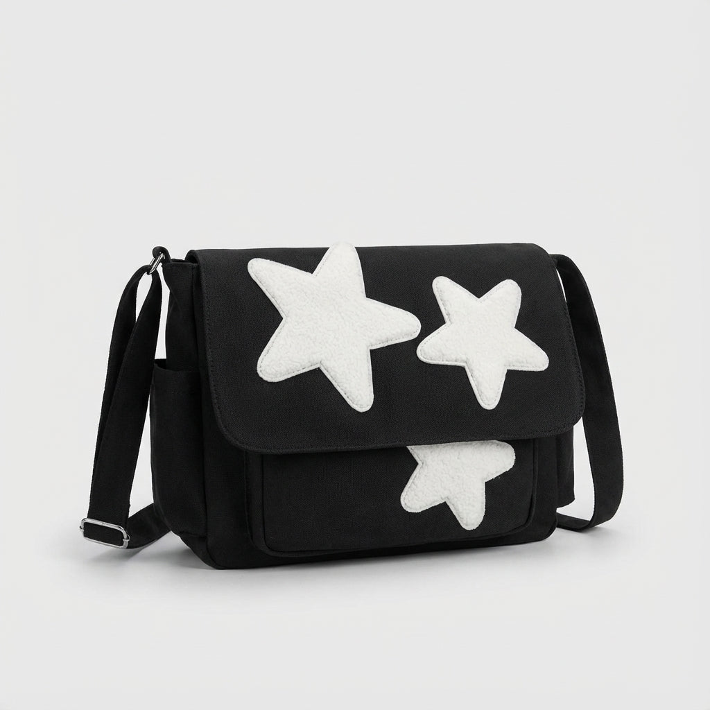 Lichtgewicht zwarte crossbody tas van polyester met unieke sterprint, perfect als stijlvolle unisex accessoire.