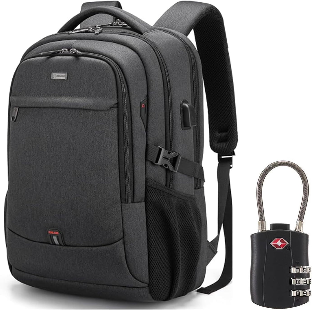 Zwarte unisex reis laptoprugzak met USB-poort, georganiseerde vakken en waterbestendig design.