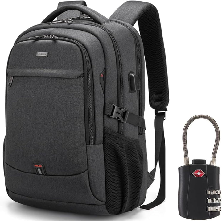 Zwarte unisex reis laptoprugzak met USB-poort, georganiseerde vakken en waterbestendig design.