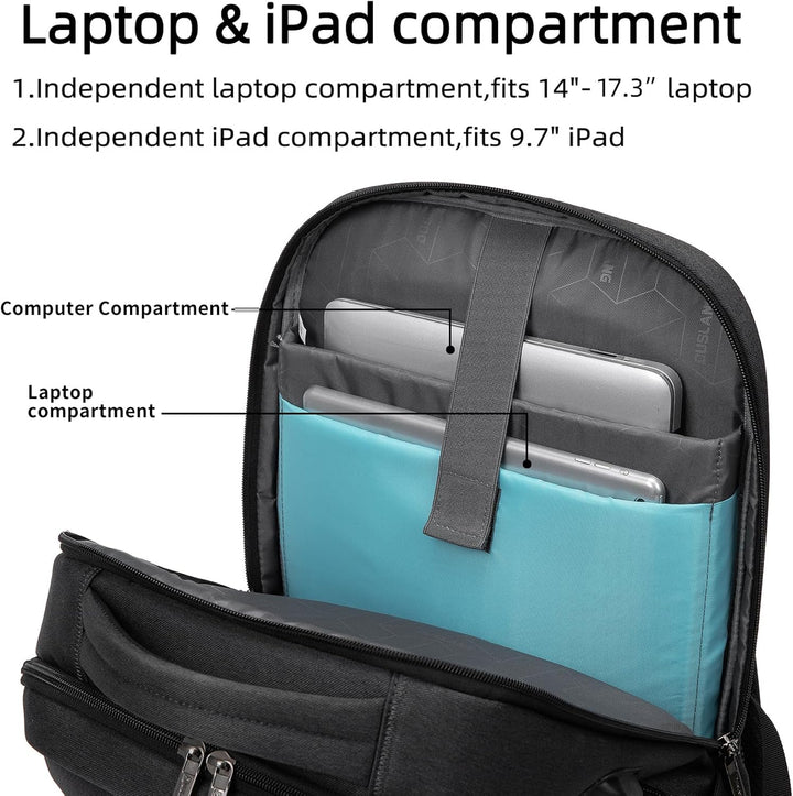 Zwarte anti-diefstal laptoprugzak, waterafstotend en met handige USB-oplaadpoort voor reizigers.