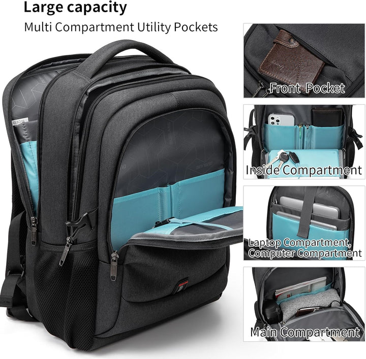 Donkergrijze pendelrugzak met apart laptopcompartiment, USB-poort en waterafstotende stof.
