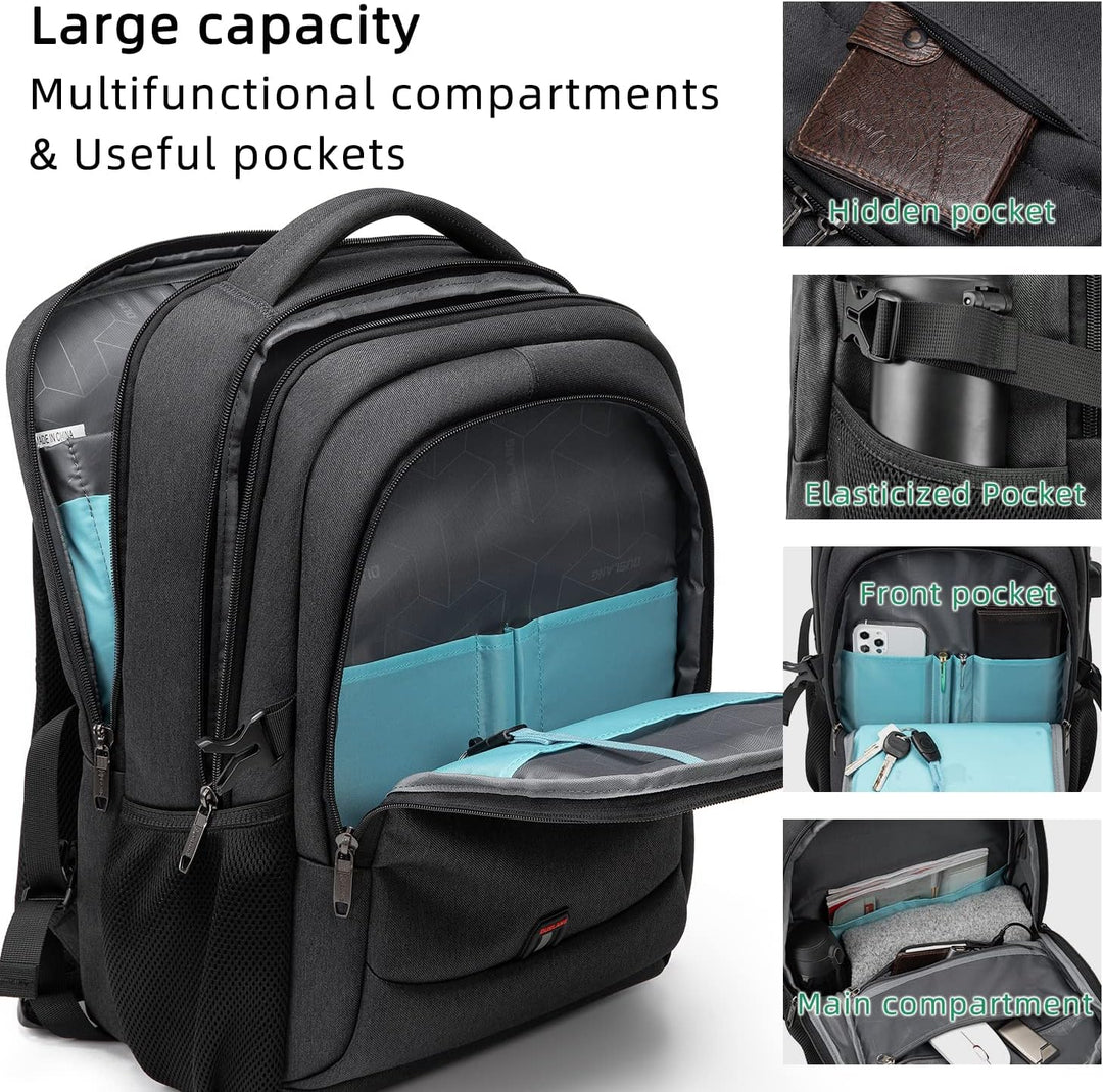 Zwarte laptoprugzak met externe USB-poort, ergonomisch en waterbestendig design.