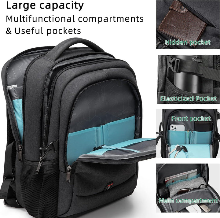 Zwarte laptoprugzak met externe USB-poort, ergonomisch en waterbestendig design.