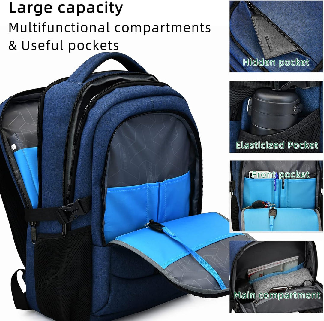 Blauwe waterbestendige laptoprugzak voor werk & reizen, met externe USB-oplaadpoort.