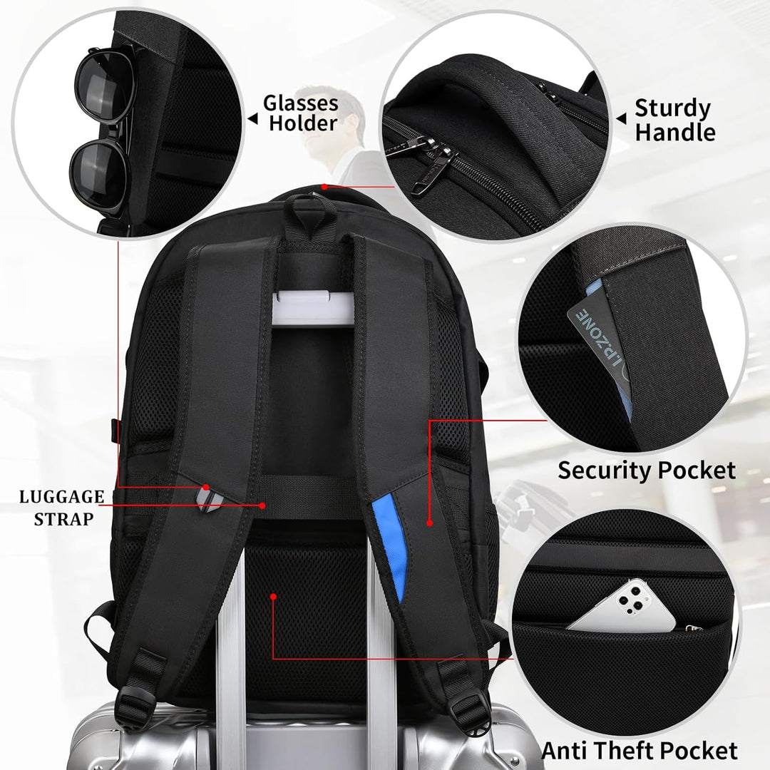 Zwarte slimme laptoprugzak met USB-poort, ideaal voor reizen en dagelijks gebruik.